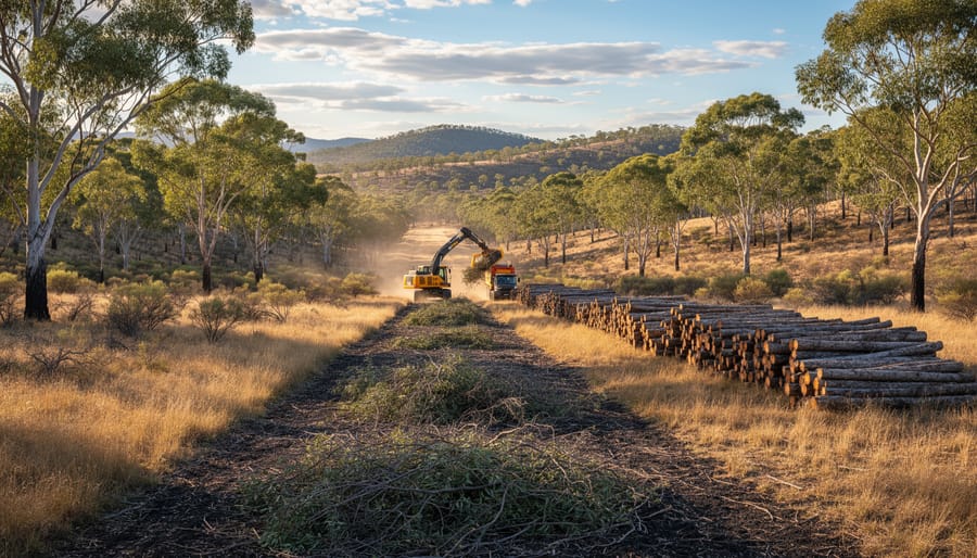 Aerial view of cleared biomass firebreak through Australian eucalyptus forest
