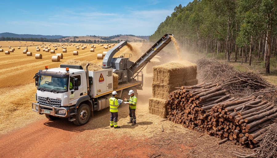 Agricultural biomass waste piles with bioenergy processing facility in rural Australian landscape