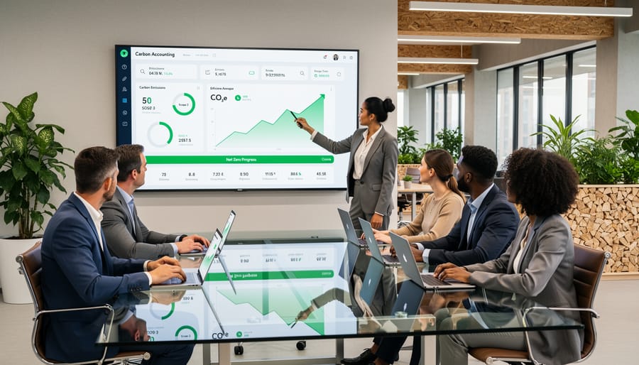 Business professional reviewing carbon accounting data on computer monitor in modern office
