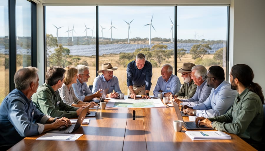 Diverse group of community leaders, policymakers, scientists, and farmers meeting around a conference table, with wind turbines and a solar farm visible outside large windows.