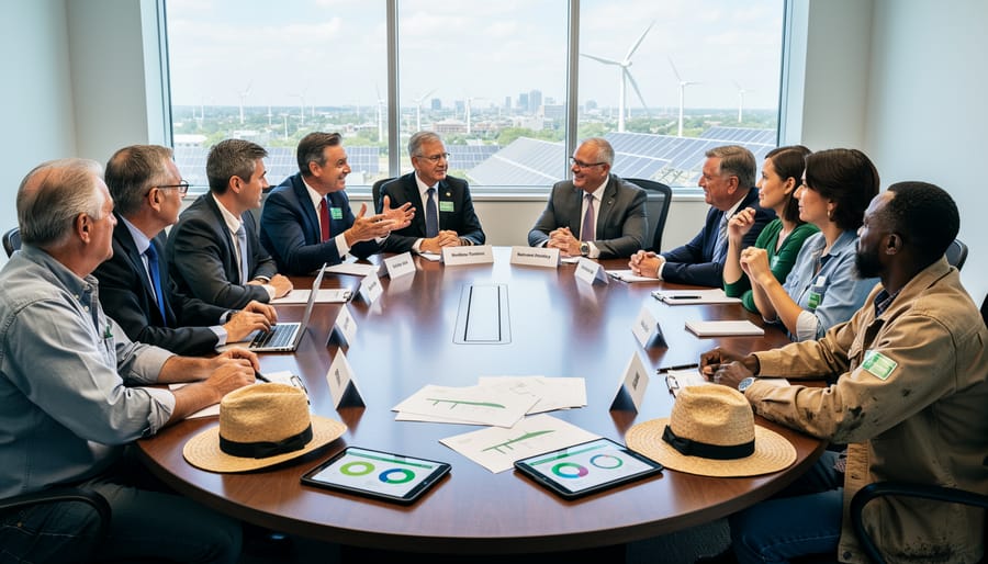 Diverse stakeholders gathered around table with renewable energy models during collaborative policy meeting
