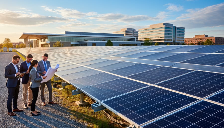 Commercial building rooftop with extensive solar panel installation and energy infrastructure