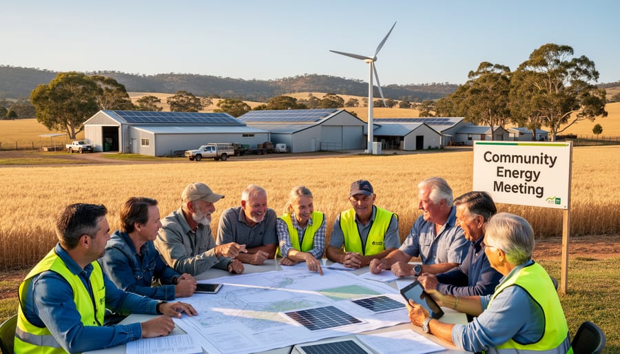 Community members gathering to discuss bioenergy project in rural Australian agricultural setting