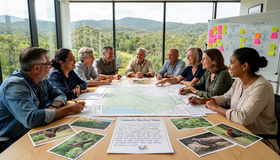 Diverse group of community members and energy developers collaborating during outdoor site consultation