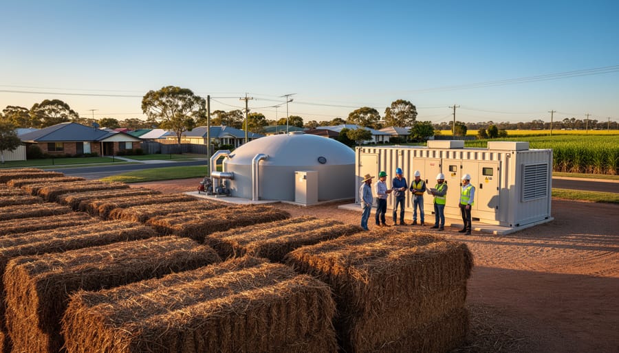Farmers and technicians pose beside a small anaerobic digester and generator with sugarcane residue bales, set in a rural Australian town with eucalyptus trees and power poles at golden hour.