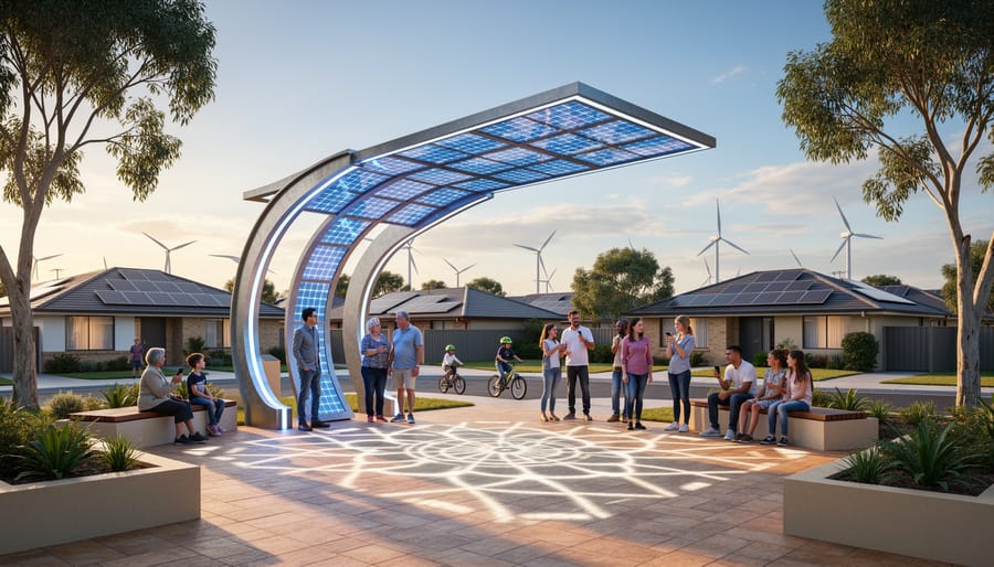 Residents gather around a solar-powered art sculpture made of photovoltaic glass in an Australian community plaza at golden hour, with patterned light on the pavement and eucalyptus trees, rooftop solar homes, and distant wind turbines in the background.