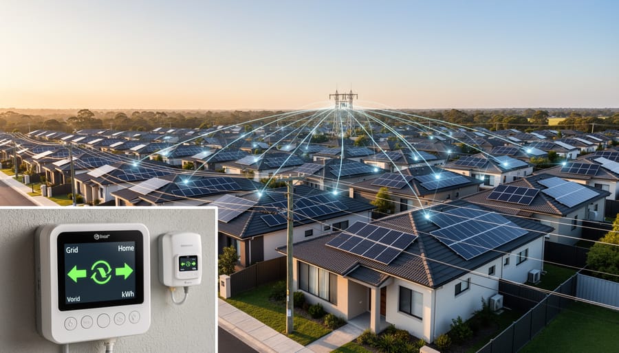 Aerial view of suburban neighborhood with multiple solar panel installations forming community energy network