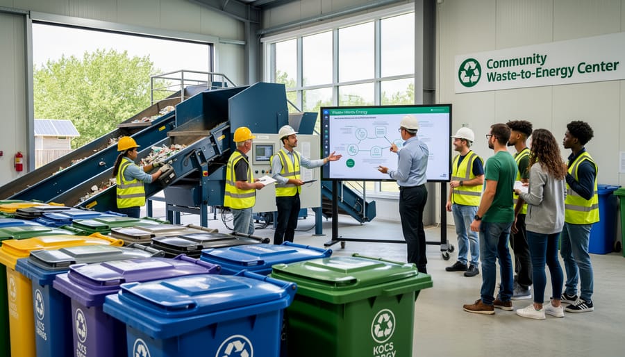 Community members and workers sorting organic waste at modern recycling facility