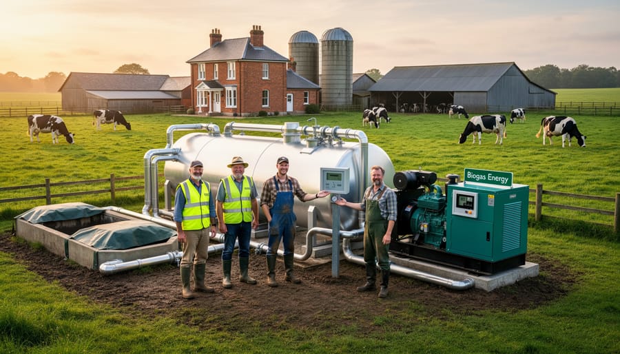 Biogas facility integrated into working dairy farm with cattle grazing nearby