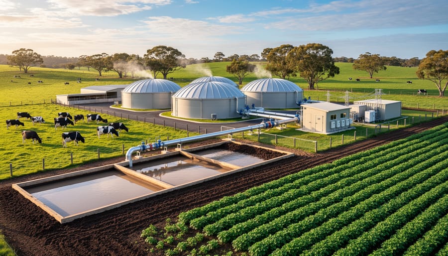 Anaerobic digester facility at Australian dairy farm with grazing cattle and green pastures