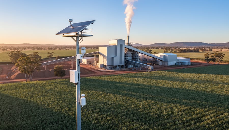 Solar-powered IoT sensor mast overlooking an Australian sugarcane mill biomass power plant at golden hour, with cane fields, eucalyptus trees, distant hills, and a clean steam plume in the background.