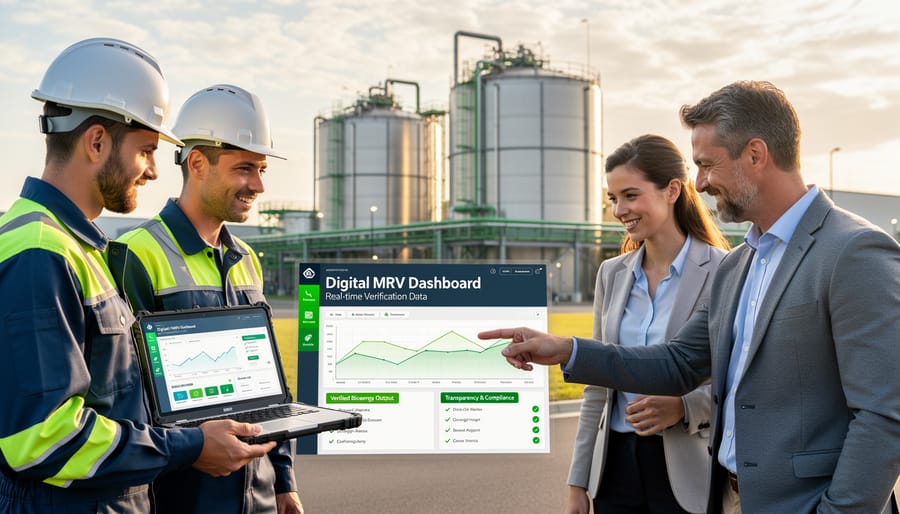Engineers reviewing digital monitoring data on tablet at bioenergy facility
