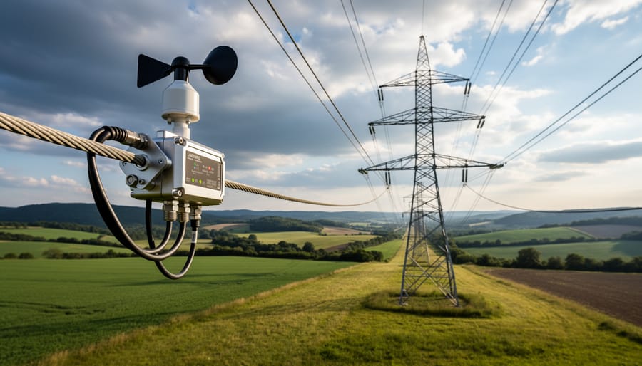Modern monitoring sensor installed on electricity transmission line