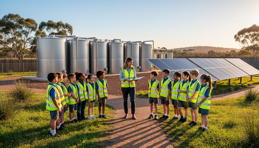 Educator guiding Australian primary students in plain safety vests past cylindrical bioenergy digesters and solar panels at a regional facility during golden hour, with eucalyptus trees and rolling hills in the background