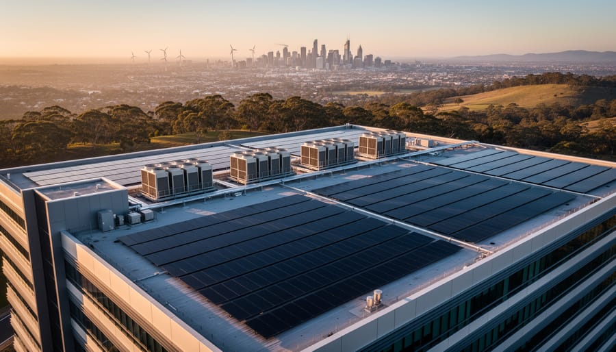 Drone view of an Australian hospital rooftop with rows of solar panels and modern HVAC chillers at golden hour, with a softly hazed city skyline, eucalyptus trees, and distant wind turbines on low hills in the background.