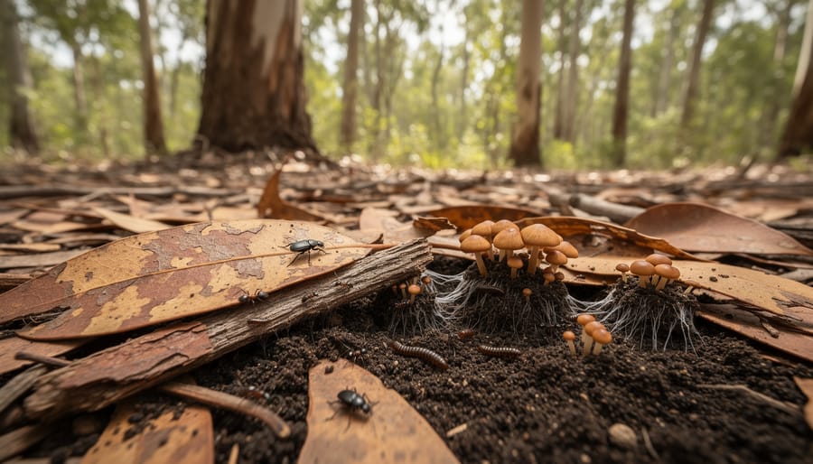 Close-up of decomposing eucalyptus leaves on forest floor with visible fungi and microorganisms