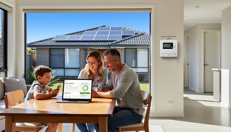 Australian family reviewing their energy monitoring app in front of solar-equipped home