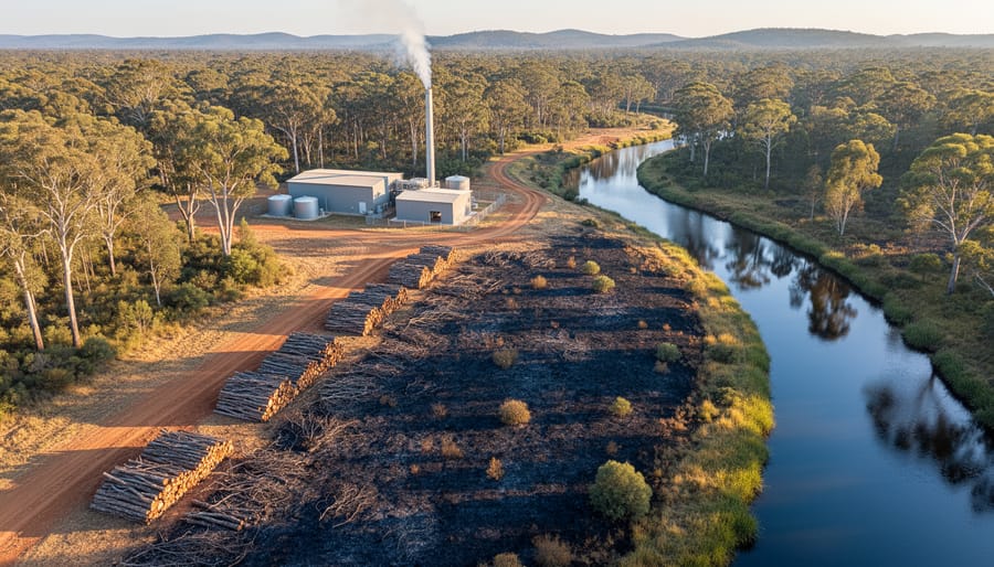 A 45-degree aerial view of an Australian eucalyptus forest edge with a clean firebreak, stacked timber residues, a small biomass power facility emitting white steam, and a patchwork of recently cool-burned ground beside healthy green habitat and a winding creek under golden-hour light.