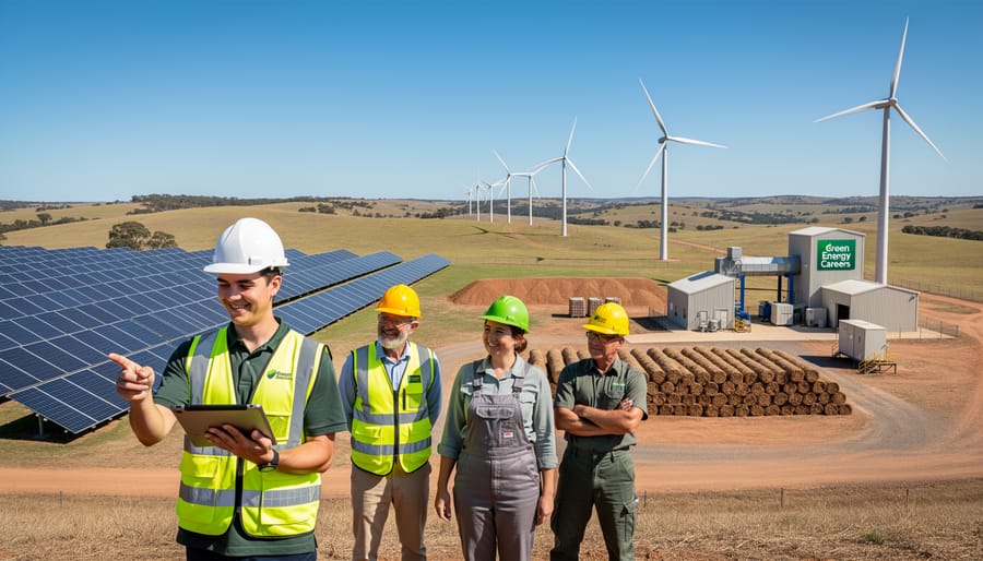 Female renewable energy technician inspecting solar panel installation with digital equipment