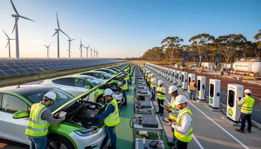 Workers in safety gear inspecting electric buses at modern green transport facility