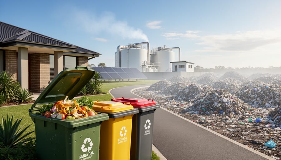 Green and yellow wheelie bins filled with organic household waste on suburban driveway