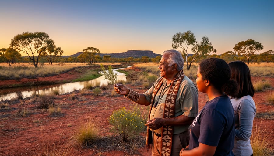 Indigenous Australian elder and younger person standing together on traditional land with native vegetation