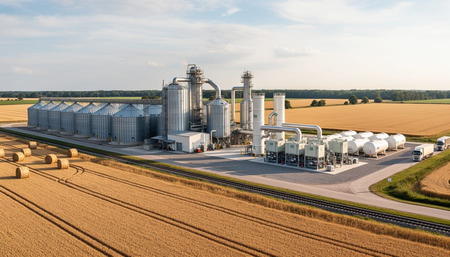 Aerial view of power plant facility in rural Australian agricultural region