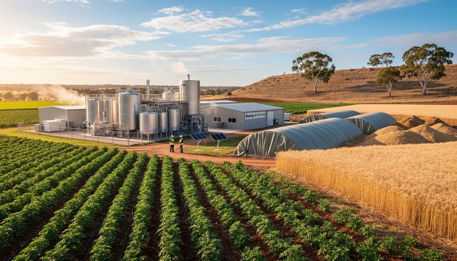 Aerial view of integrated sugarcane farm and bioenergy facility in Australia