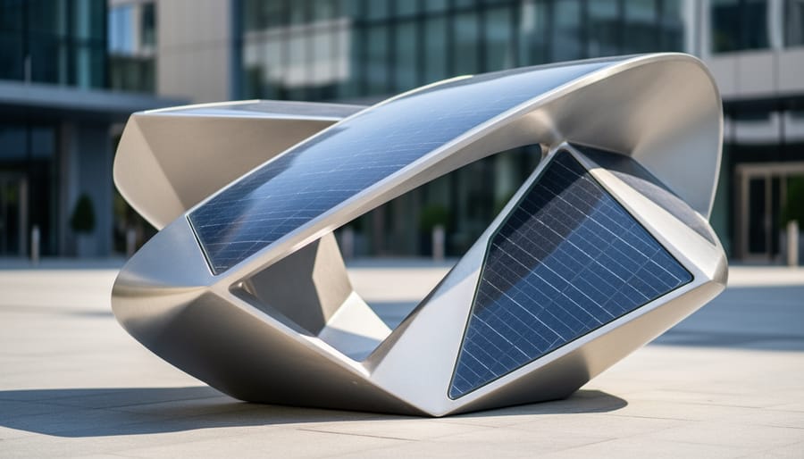 Close-up of solar panels integrated into curved metal art sculpture surface