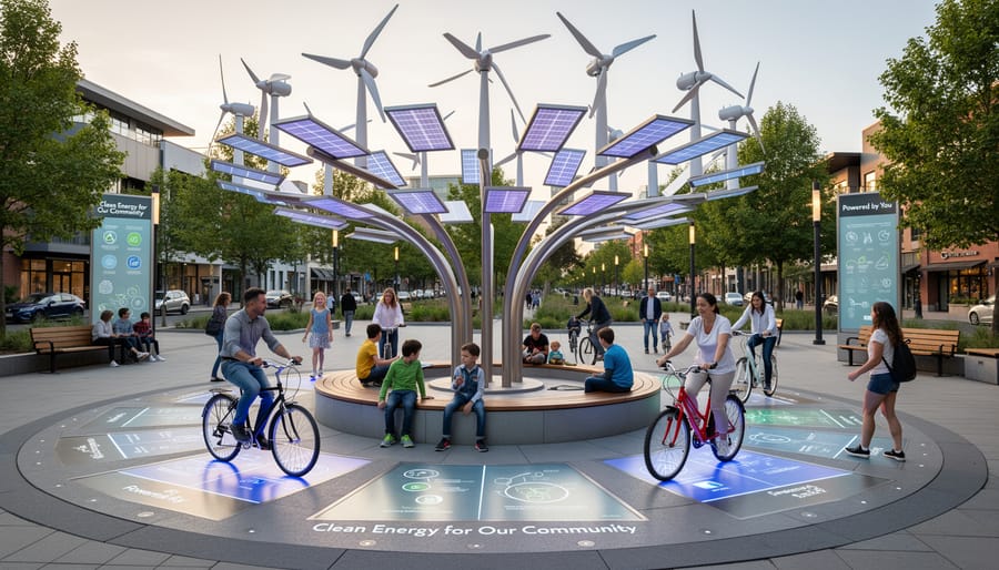 Families interacting with kinetic wind-powered sculpture in Australian coastal park