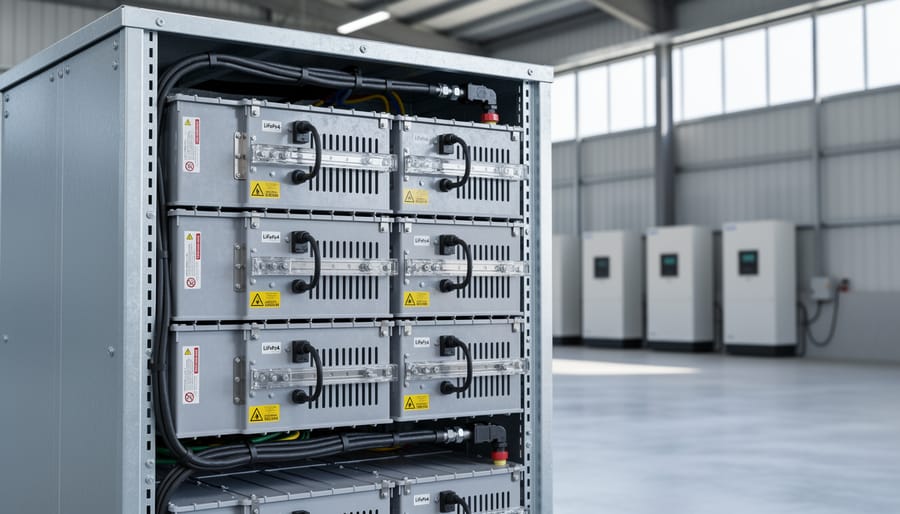 LiFePO4 battery cells arranged in energy storage bank with copper connections