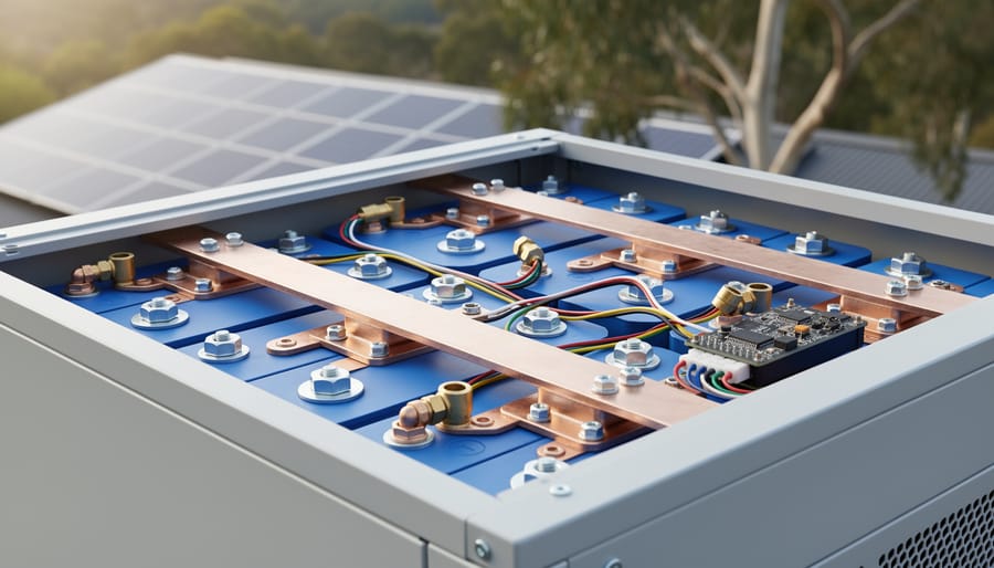 LiFePO4 battery bank with nickel busbars, balance leads, and BMS module with thermistor sensors inside a clean cabinet, with blurred rooftop solar and eucalyptus trees in the background