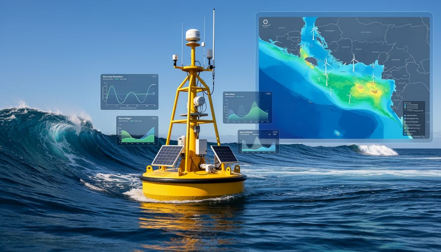 Ocean monitoring buoy with sensors floating in coastal waters collecting marine energy data