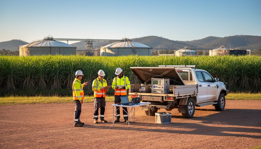 Three bioenergy workers in high-visibility clothing stand beside a 4x4 utility vehicle and portable testing gear near dome-shaped anaerobic digesters, with sugarcane fields and low hills in the background at golden hour.