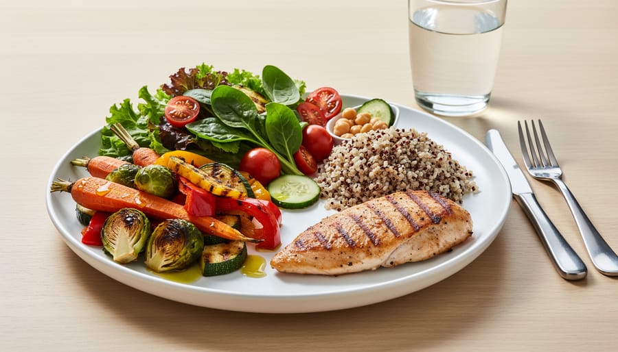 Overhead view of balanced meal plate with colorful vegetables, grains, legumes and small protein portion