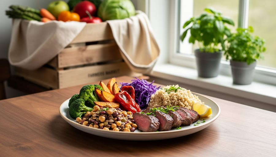 Balanced meal of vegetables, grains, legumes, and a small portion of roasted beef on a ceramic plate atop a wooden table, lit by soft natural daylight, with blurred farmers market crates, reusable produce bags, and potted herbs in the background.