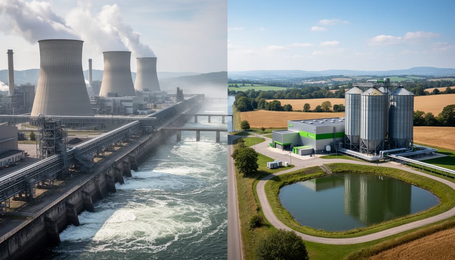 Large cooling towers at coal power station releasing water vapor into sky