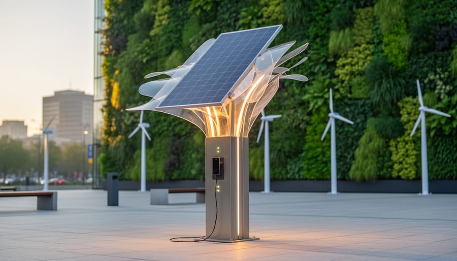 Luminous public art sculpture with integrated transparent solar panels and wind-driven fins in a modern city plaza at golden hour, with a living green wall and small vertical-axis wind turbines softly blurred in the background; the sculpture includes a visible phone-charging station.