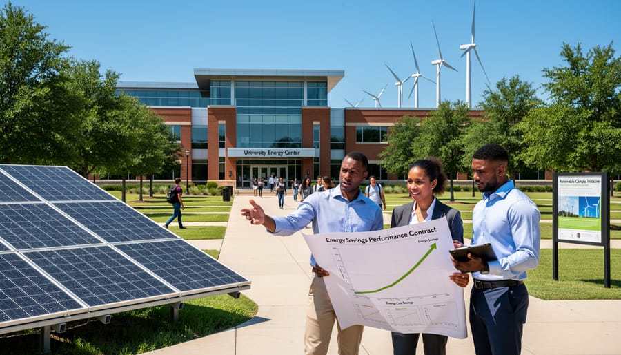University campus building with integrated solar energy systems and sustainable design