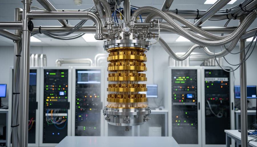 Quantum computer dilution refrigerator with visible frost and cooling components