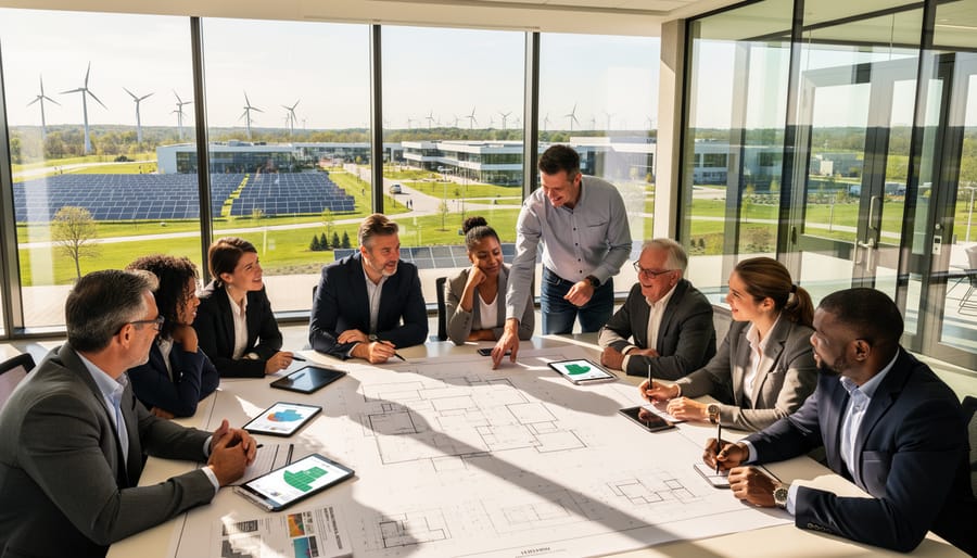 Team of professionals collaborating on sustainable building plans at construction site