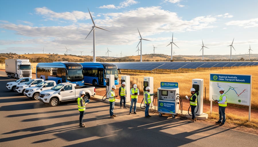 Australian workers installing electric vehicle charging infrastructure in regional area