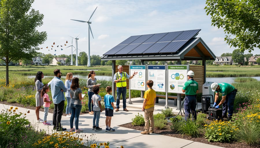 Aerial view of community renewable energy facility integrated with native gardens and public spaces