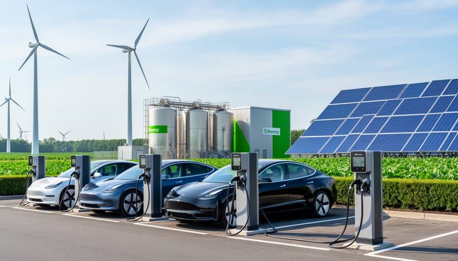 Electric bus charging at renewable energy powered station with solar panels and bioenergy facility