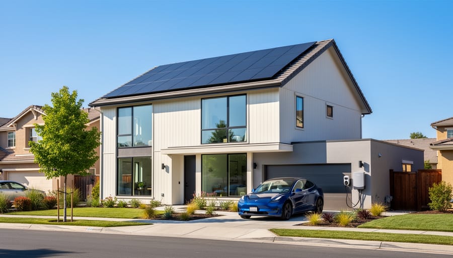 Modern Australian home with solar panels and battery storage surrounded by native gardens