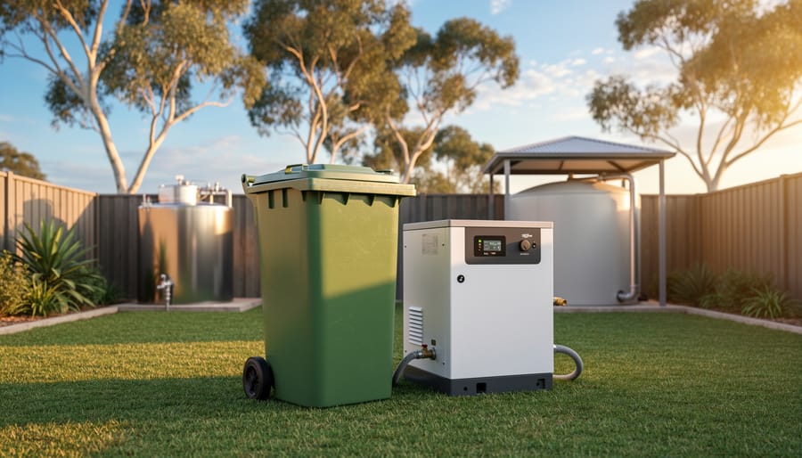 Green household wheelie bin next to a compact biogas generator in an Australian backyard, with distant digestion tanks and a covered water reservoir under warm golden hour light.