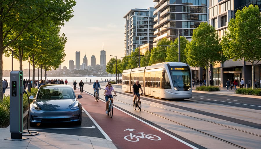 Modern light-rail tram passing cyclists and pedestrians beside an EV charging car on a tree-lined Australian city street at golden hour, with a clean skyline in the background.