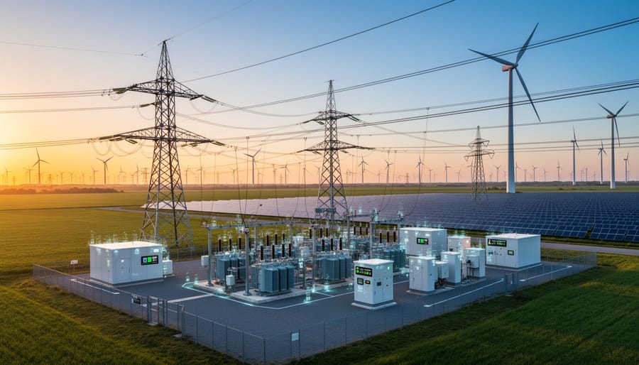 Modern electrical substation equipment with control systems at sunrise