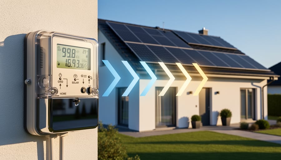 Australian home with rooftop solar panels and smart meter showing bidirectional metering setup