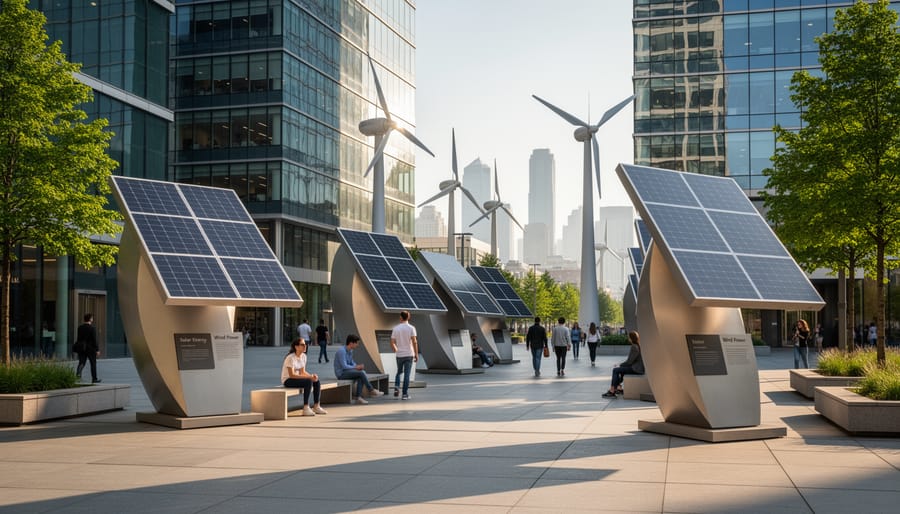 Illuminated solar tree sculpture in city plaza at sunset with modern buildings in background